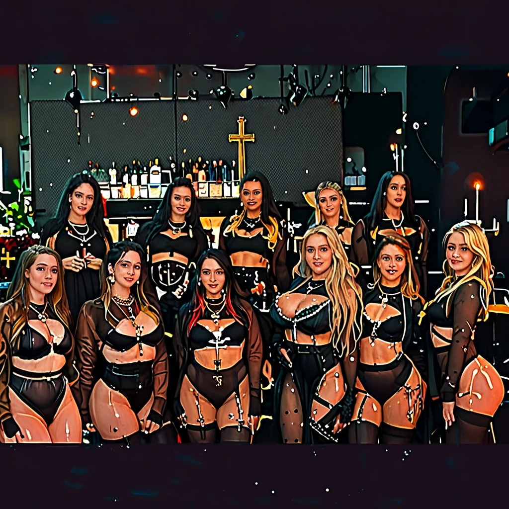 Capture a photorealistic, hyper-detailed image of 2 girls together in a single frame, smiling, Dark hair, wild flowing hair, choker, long gloves, (long platform boots:1.3), (big breasts:1.3), one is a curvy Russian woman in a mini black floral dress at a rave party in the Caribbean. Another is a Russian girl who is of average build, with small . realistic skin texture. party in the background. Use film grain and ambient street lighting to create vintage shadows. evening. Export in RAW with a 'vintage elegance' Instagram LUT