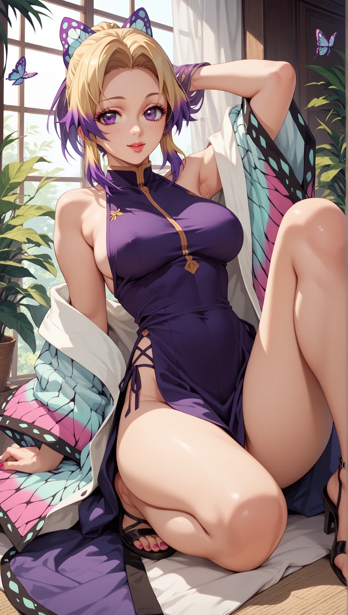 Super realistic 8kCG,T Masterpiece,((highly detailed background,delicate pattern,intricate details)),best quality,extremely detailed man,highly detailed eyes and face,highly detailed eyes,Kocho Shinobu,colorful hair,No bangs,hair intake,black eye,caps,black shirt,black panties,(bikini),butterfly,strip strip,(Trepical Garden:1.2),purple flowers,mostly cloudy sky,Light of the sun,Tyndall effect,Slope_heaven,Beautiful sky,saber on waist,seductive posture,(big and full breasts:1.3),(split:1.3),(Off-the-shoulder costumes:1.5),smile, Appearance from behind, butt sticking out、I'm not wearing underwear、I'm not wearing a bra、I'm not wearing pants、Thin pubic hair is fully visible、Nipples are fully visible、No clothes are worn from the chest down、Completely naked、naked、not wearing any clothes、Stand with your legs straight、I'm not wearing anything on my legs、exposed bare skin