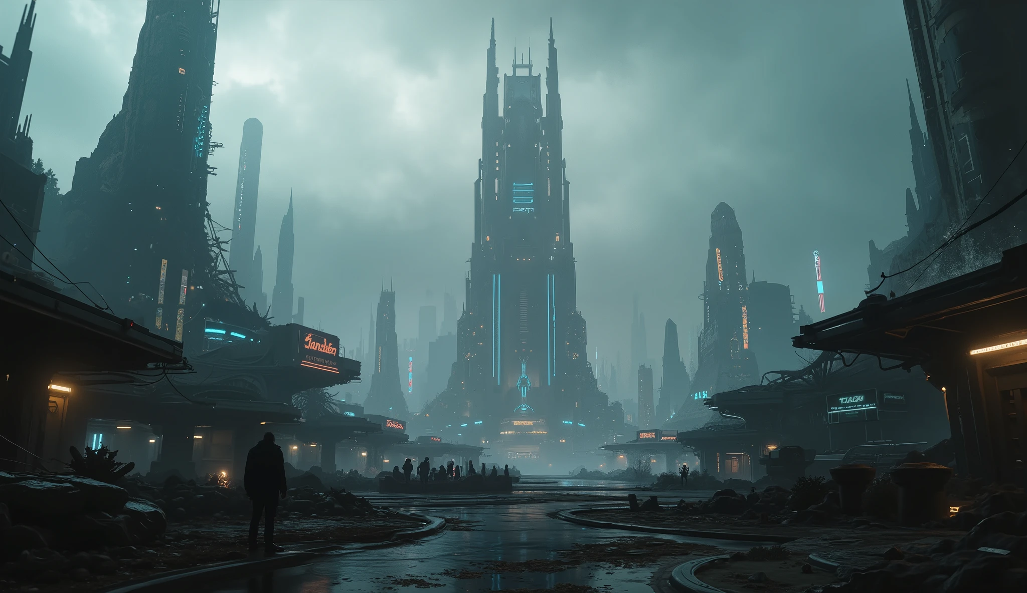 Camera shot from the floor upwards, Futuristic city with lots of detail, neon lights in the distance in the city, dark environment, Camera shot inside the city, cyberpunk style, blade runner