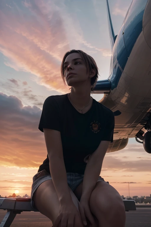 an 18-year-old brunette girl, no tanned skin, black cargo pants, on a rocket launch site, sunset, nude