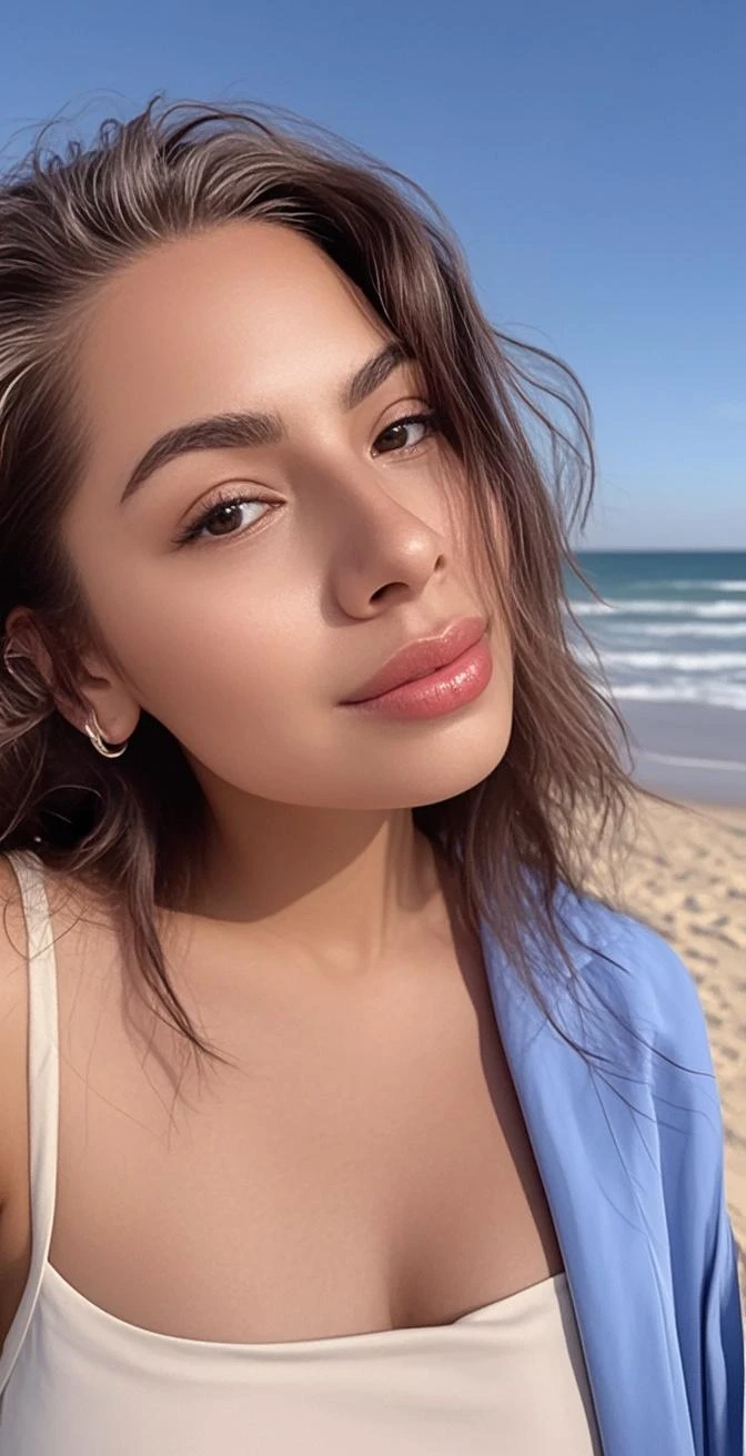 Photorealistic, acuity, Photo brute, amateur photo, belle 29 ans.Oh fille Latina-Espagnole, Prendre un selfie, tenue de plage Pull oversize, detailed skin pores & Texture du visage, pores, Green lipstick (chair de poule:0.7), pose dynamique, Regarder le spectateur, Mise au point du visage, Taken with a mobile camera, grain le film 4k