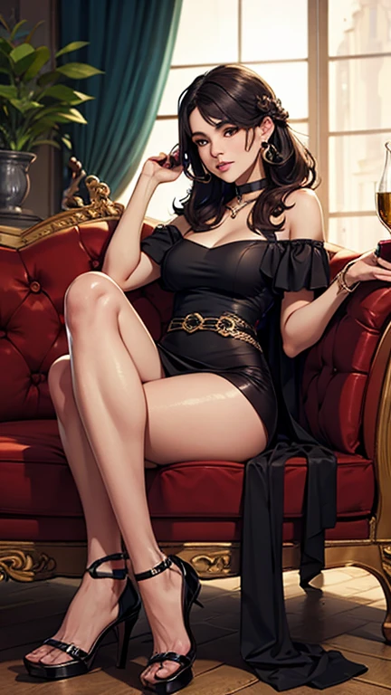 Hyperrealistic close-up photo of Gal Gadot in a black T-shirt dress, sitting in the armchair, nice legs, pose sexy, Hotel lobby, beautiful woman, perfect body, medium breasts, Smooth brown fur, detailed face, smile, photo taken from a distance, 25 years old