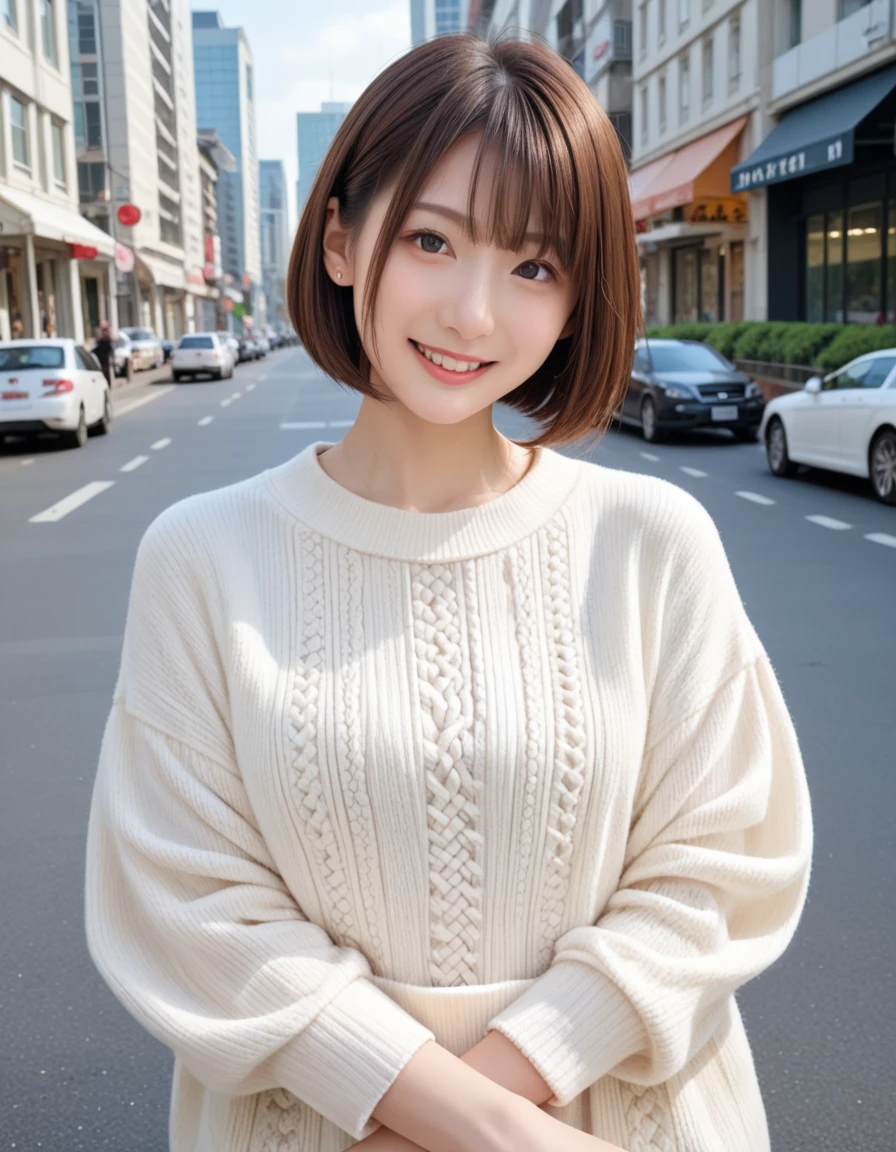 masterpiece, best quality, illustration, ultra-detailed, finely detailed, high resolution, 8K wallpaper, perfect dynamic composition, beautiful detailed eyes, Ginza, high-end fashion, short hair, confident expression, cute, smile, looking at camera