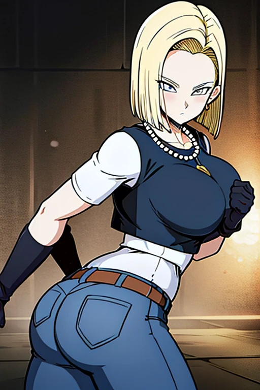 Best quality at best, A high resolution, and 18, 1girll, Android 18, 独奏, blond hairbl, eBlue eyes, short detailed hair, 耳Nipple Ring, jewely, black pantyhoses, black shirt, Denim skirt, Striped long sleeves, blue skirts,big cleavage breasts, cowboy lens, the street,