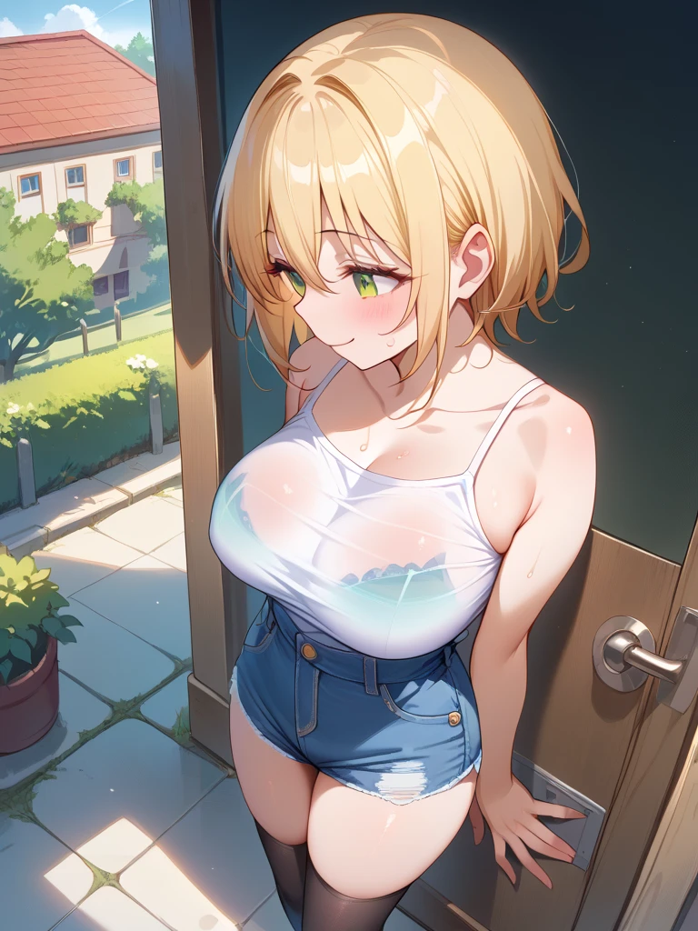 Tabletop, highest quality,figure, wallpaper, Super detailed, Absurd beauty、1 beautiful girl、 ((Looking up at the woman from below:1.3))、(Blonde、short hair、Wavy Hair、Ample breasts、Very large breasts)、Casual clothing、Summer clothes ,Black tank top、Shorts、Shyness、blush、Amazing blue sky