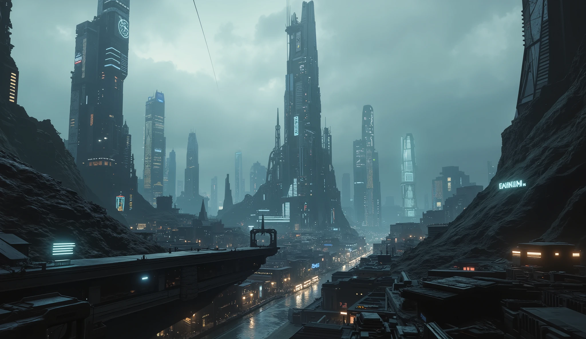 Futuristic city with lots of detail, neon lights in the distance in the city, dark environment, Camera shot inside the city