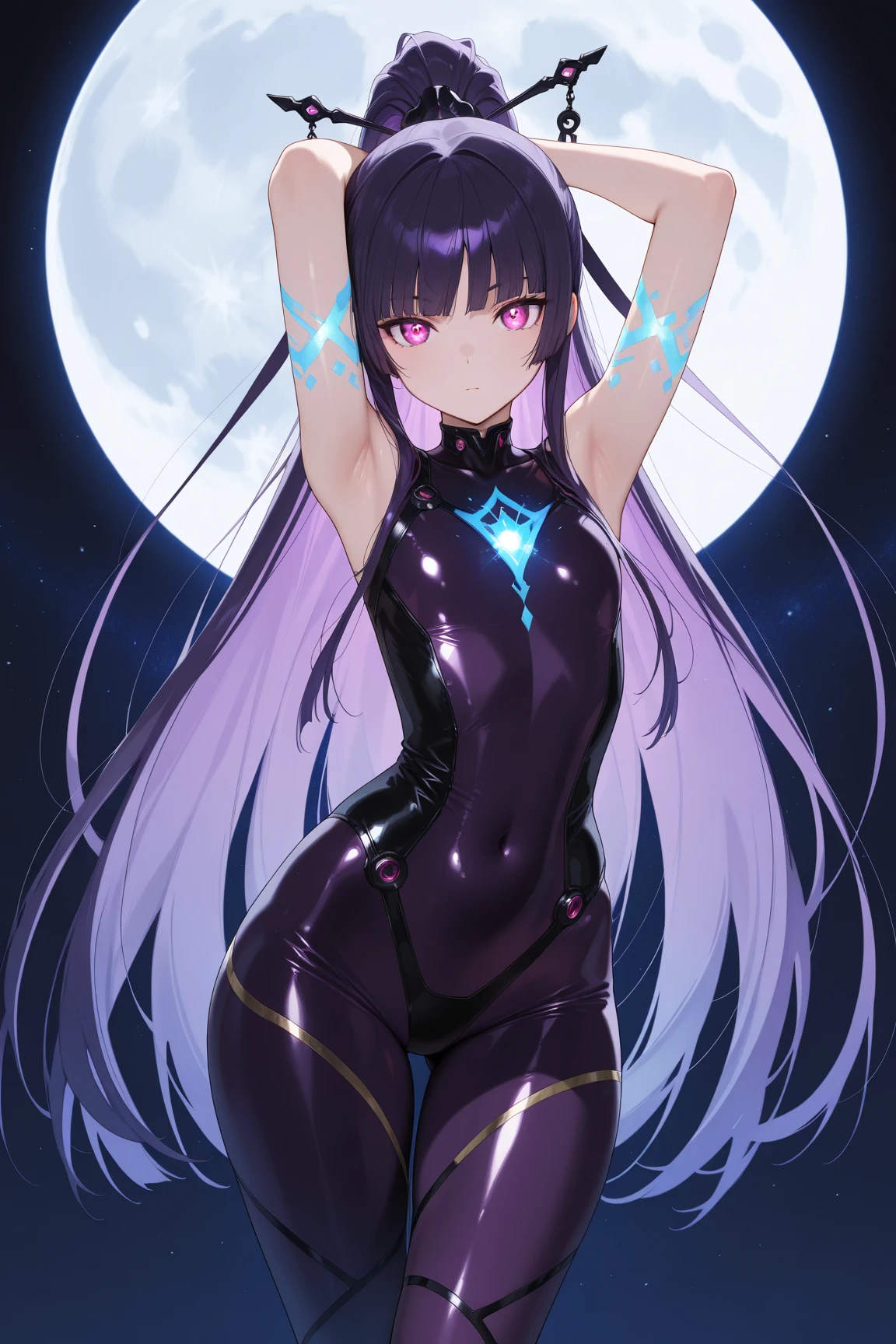 score_9, score_8_superior, score_7_superior, score_6_superior, wallpaper cute asian woman in swimsuit in space - aivamay, 1girl, breasts, solo, armpits, black hair, purple eyes, long hair, arms behind head, covered navel, arms up, skindentation, thigh strap, multicolored hair, colored inner hair, looking at viewer, ahoge, very long hair, hair over one eye, thighhighs