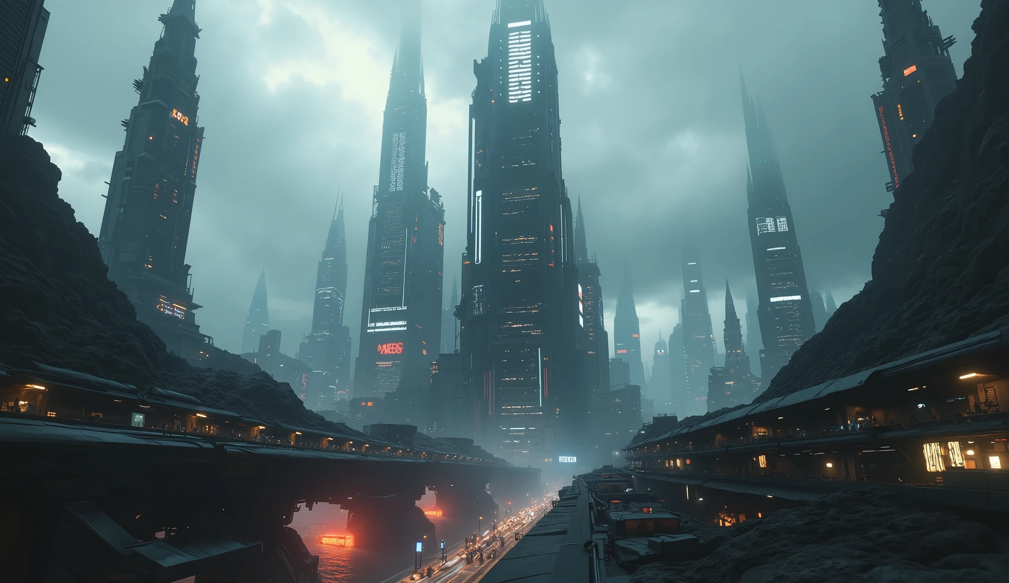 Futuristic city with lots of detail, neon lights in the distance in the city, dark environment, Camera shot inside the city