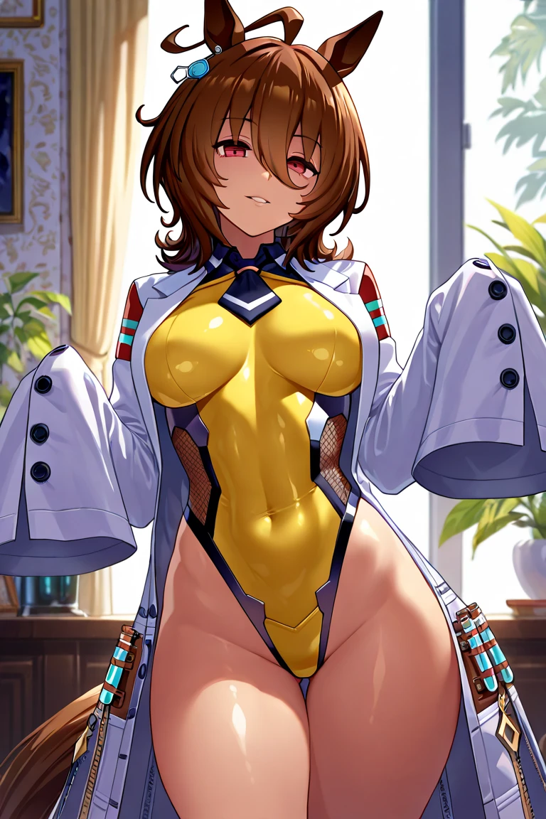 ((masterpiece, best quality, ultra detailed)), flat, dutch angle, (medium breasts:1.3), (under boobs:1.2), smiling cute girl, one eye closed, on one knee pose, brown low short twintails hair with bangs, ivory and yellow bikini armor, cyberpunk-style living room, huge round shaped window