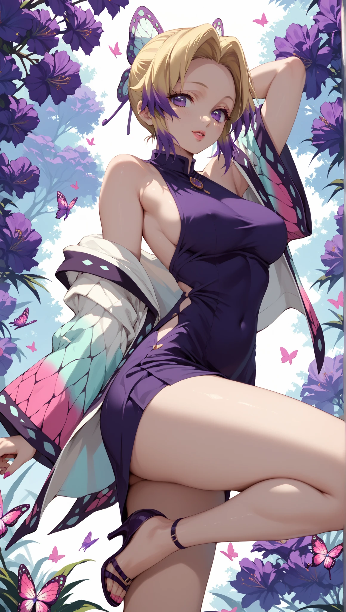 score_9,score_8_up,score_7_up,score_6_up,score_5_up,score_4_up, kochou_shinobu, kimetsu_no_yaiba, 1girl, butterfly_hair_ornament, purple_eyes, showing soles, 5 toes