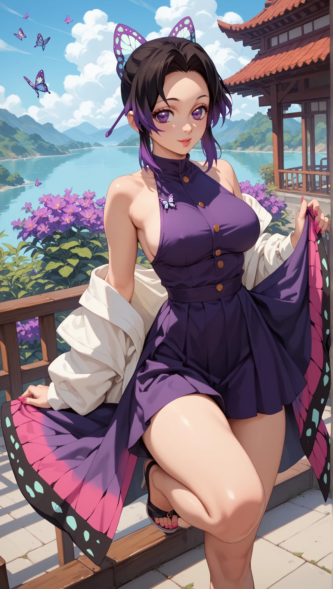 best qulaity, master-piece, (Vorbeugen: 1.4),
1girls, yuzuriha_(jigokuraku), lila haare, braune augen, ninja, offene kleidung, Dekolleté, (big), haarknoten, mittlere haare, Breasts apart, Seductive Smiling, hose, ausziehen, (flush: 1.1), japanese exterior, tempel,