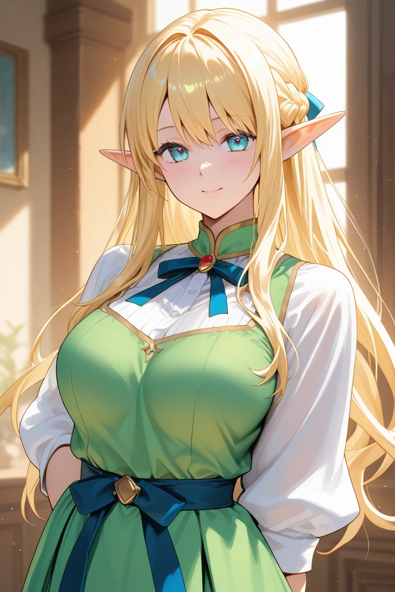 masterpiece,best quality,1girl,18yo,beautiful girl,BREAK,(緑の鎧:1.8),(voluptuous bust,thin waist:1.4),navel exposed,BREAK,(Beautiful blonde,braid,Green Eyes:1.5),(Embarrassed smile:1.3),