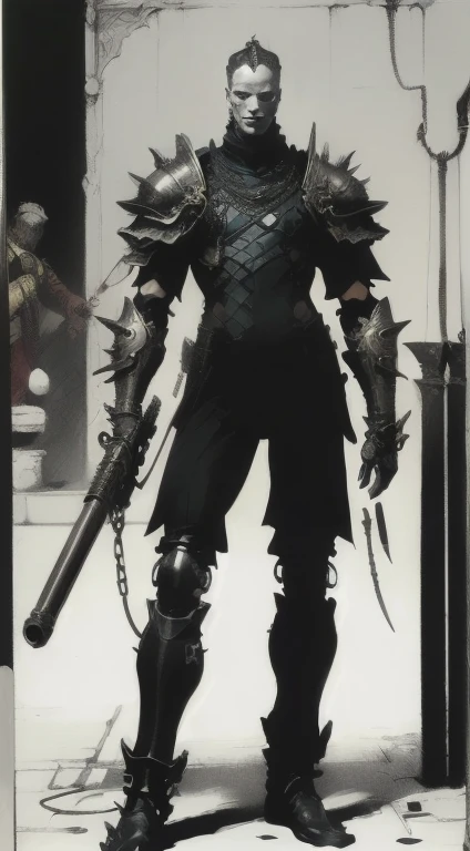 (best quality,4k,8k,highres,masterpiece:1.2),ultra-detailed,(realistic,photorealistic,photo-realistic:1.37),oil painting,colorful,brush strokes,dramatic lighting,horror,skull man warrior,aged paper,aesthetic,dripping ink,gritty texture,dark and moody atmosphere,detailed facial features,expressionless face,intense gaze,weathered armor,worn out sword,ancient runes,crow feathers,ominous background,grim reaper vibes,haunting,creepy,macabre,vintage style,monochrome with sepia tones,contrast,depth,texture,old world charm,subtle decay,aged elegance,cracked paint,weathered detailspeated paint,cracked stone texture,long shadows,dusty appearance,creased edges,sculptural quality, (((items and gear listed on the side)))