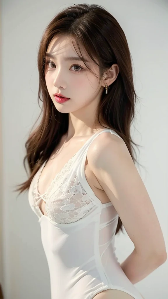((masterpiece: 1.4, best quality))+,(ultra detail)+, official art, unity 8k wallpaper, ultra detail, beautiful, high quality, Highlight your cute face,  masterpiece, best quality, (k-idol+pretty girl+Professional wrestler:1.5), (white lace lingerie:1.45), (Layered medium length hair with waves, brown eyes, brown hair), vivid colors, (colorful earrings, Jewelry Tiara :1.1)