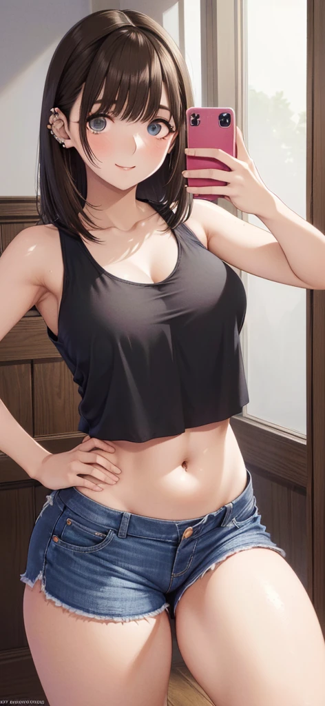 One woman,Big Breasts,Tight short black tank top,Black hair with red,short hair,Tight white shorts