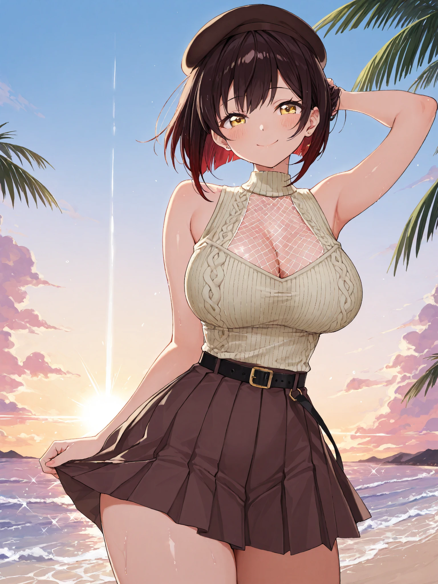 1 girl, Photography Model, smile, focus on the viewer, beautiful lighting, Best Quality, masterpiece, ultra high resolution, photorealistic, black fur, short sleeveless t-shirt, Bermuda, long stocking, big breasts, White skin,( sunset background:1.4) (curved body), (curved thighs), (huge breasts, perky breasts:1.4), (huge butt), (huge tail, Ochako Uraraka,