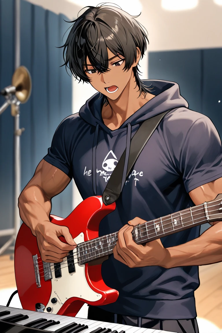 A young 18-year-old male, athletic body, black hair, green eyes, shirtless, black shorts, playing guitar, in the bedroom