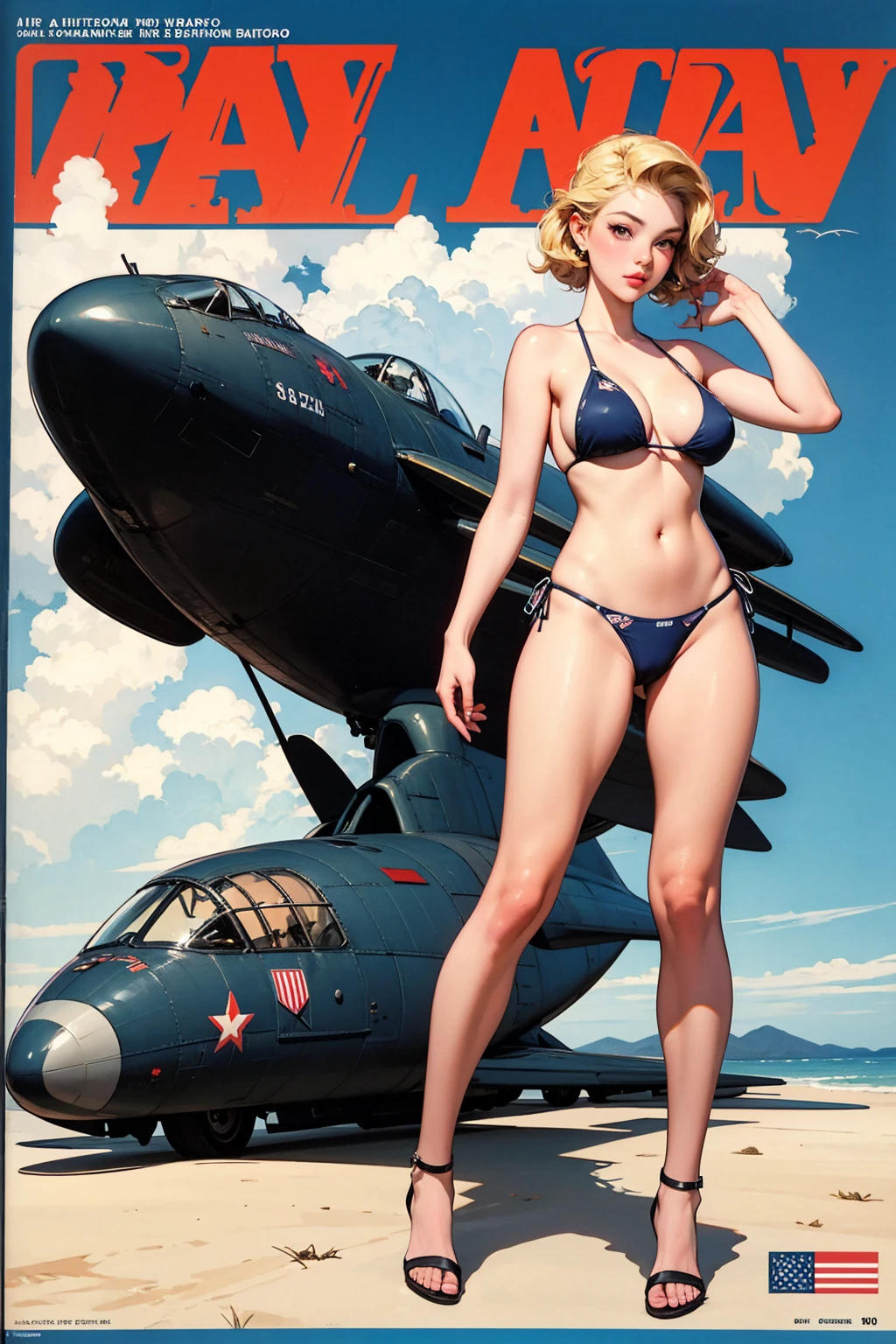 Soviet girl on propaganda poster. Showing cutting-edge 1990-s micro-bikini. Brown hair. Firm tits and ass. Turned showing her ass. Bending over. Sitting on her knees over camera. Spreading legs, showing pussy, between legs. Seductive smirk. Camera between legs pointing up at pussy and underboob. Big tits.