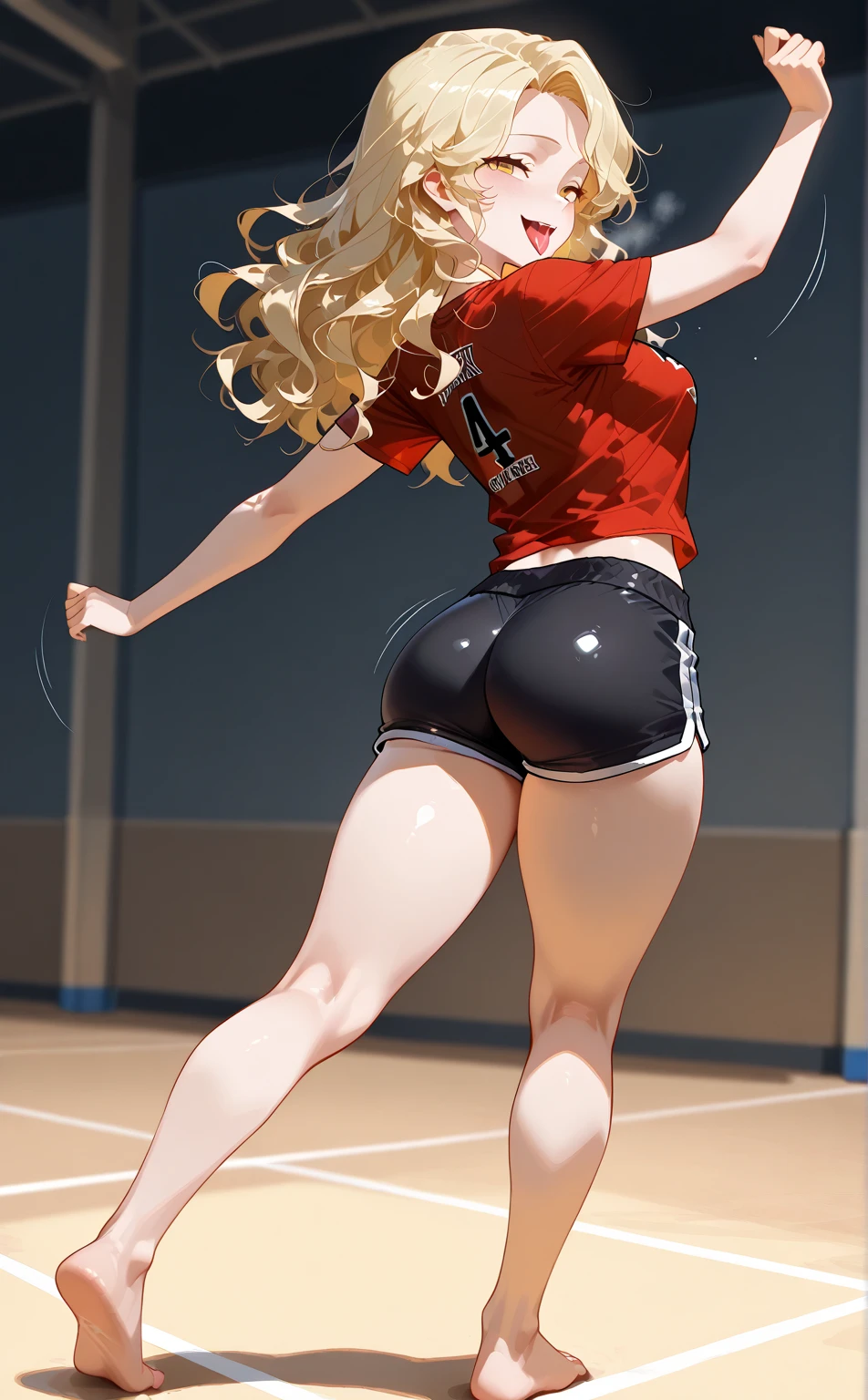 1girl, medium breasts,,
batting stance, baseball bat,  speed lines, motion blur, motion lines,
from above, feet out of frame, looking ahead, naughty, japanese arch, open mouth,
masterpiece, best quality, very aesthetic, absurdres
