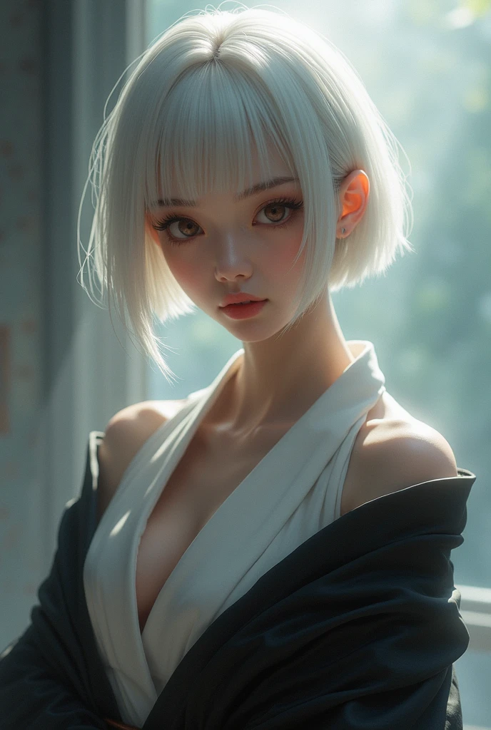 A Korean woman with short, white hair, a beautiful face showing her cleavage, wearing a black and white yukata , (holding a katana), surrealistic style, pastel tones, mid shot, dramatic light.