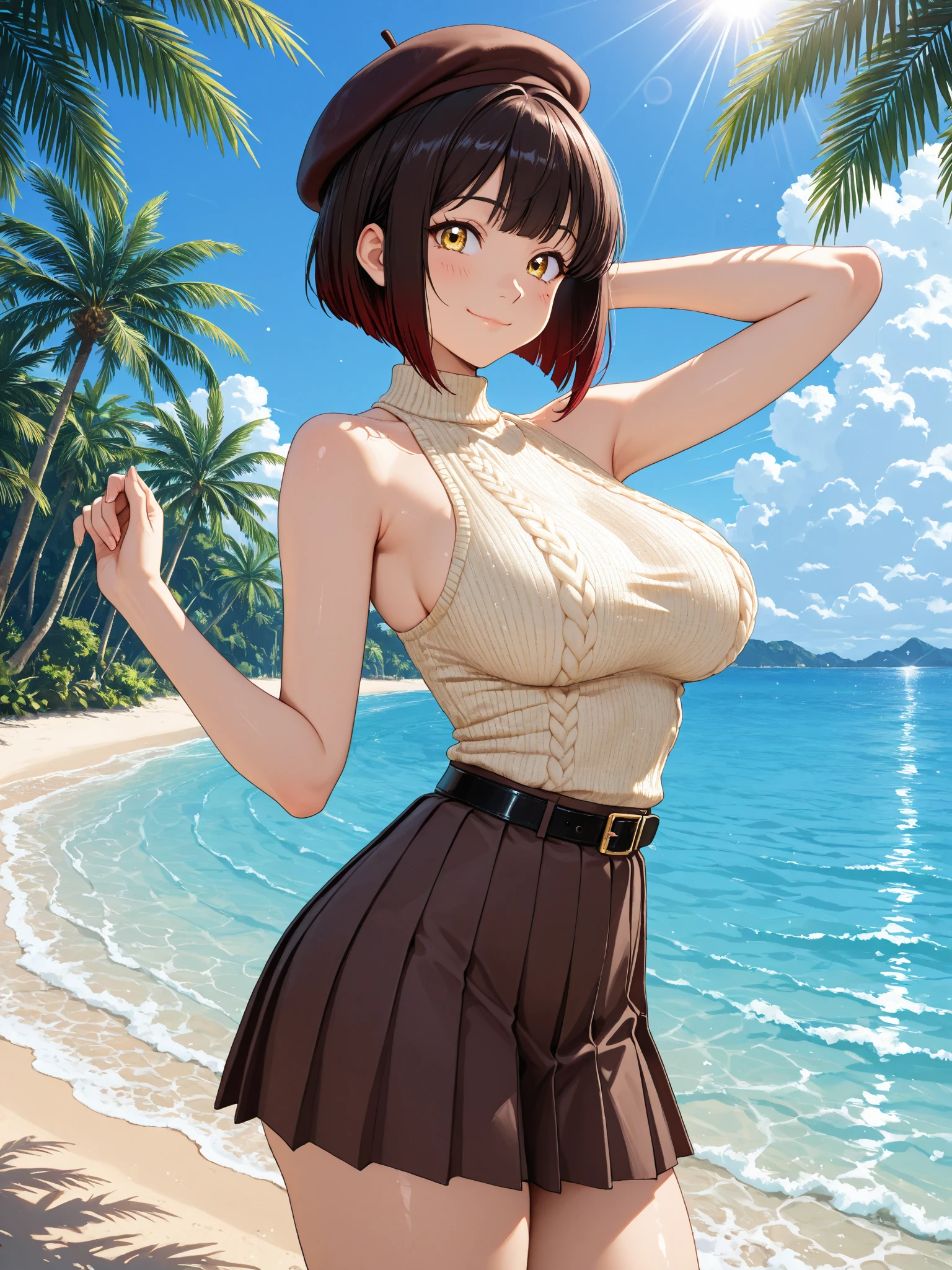lineart, 1girl, mature female, (pale skin:0.9), red eyes, black hair, (wavy hair:0.1), messy hair, short hair, hair between eyes, wolfcut, pixie cut, makeup, choker, collarbone, punk, emo, breasts, green tropical shirt, no bra, cleavage, nipple slip, bracelets, blue shorts, ocean, inside boat, boat, multiple boys, islands