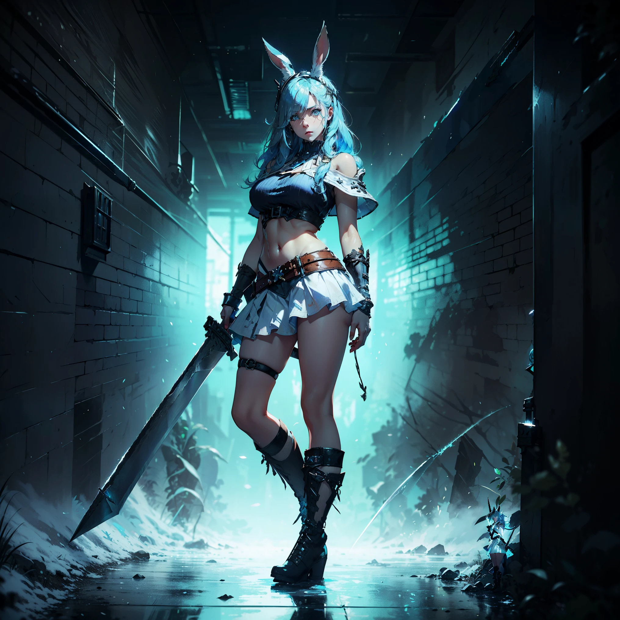 1girl, (solo), FFXIV_Viera, long hair, light blue hair, long rabbit ears, blue eyes, serious, arrogant, small lips, big breasts, big tall, white crop top, deep neckline, white skirt, black boots, ((buster_sword, huge_sword, holding_sword, dual_wielding)):6, white skin, full body, arena, storm, (days), (very sexy body, detailed face, detailed eyes, masterpiece, highly detailed, 8k, best quality, vibrant colors, digital art, concept art)