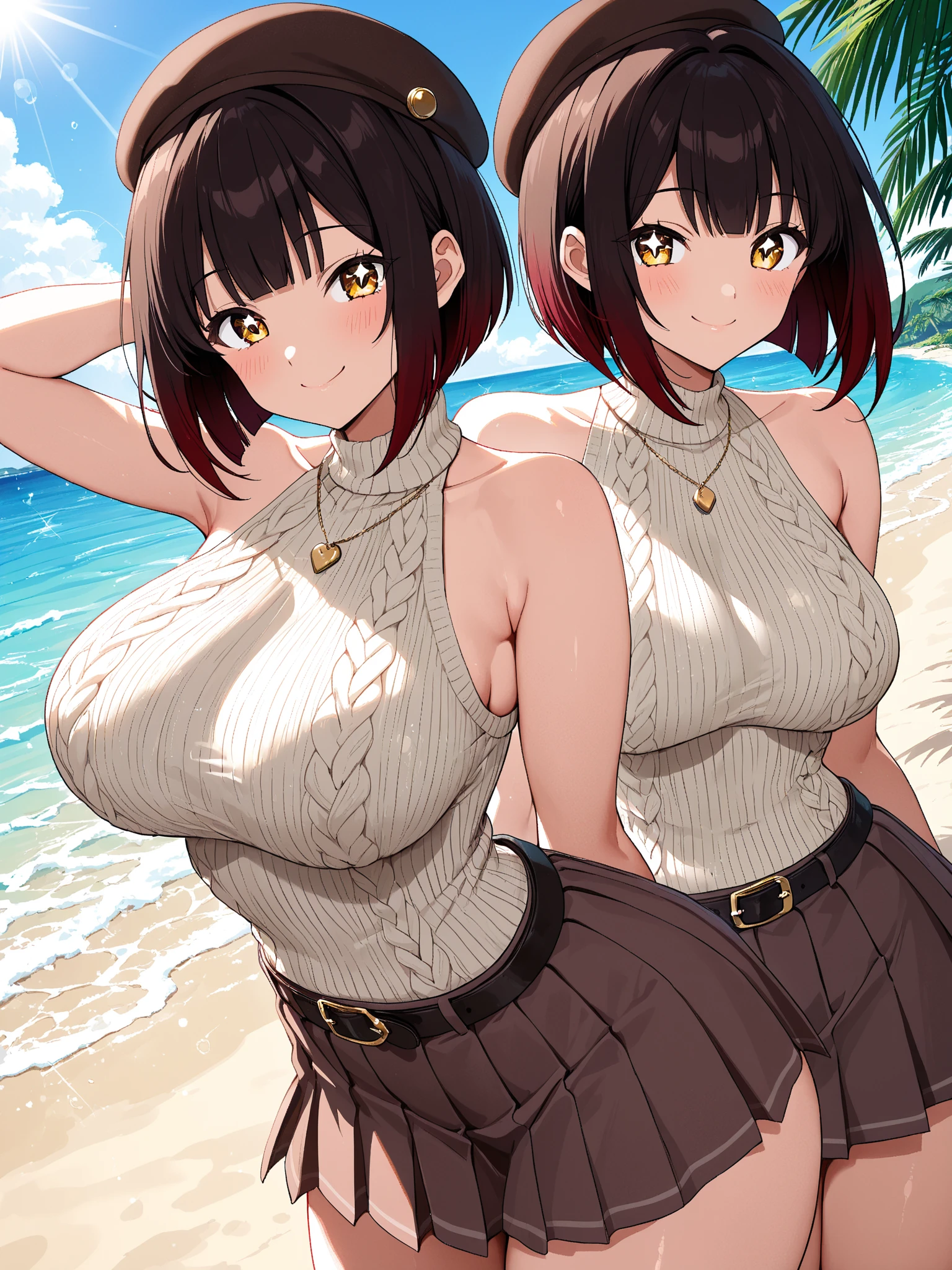(2 girls,nsfw), glamorous, voluptuous, curvy, forehead, long wavy brown hair with yellow swimsuit, beautiful breasts, cowboy shot, bob cut and white bikini