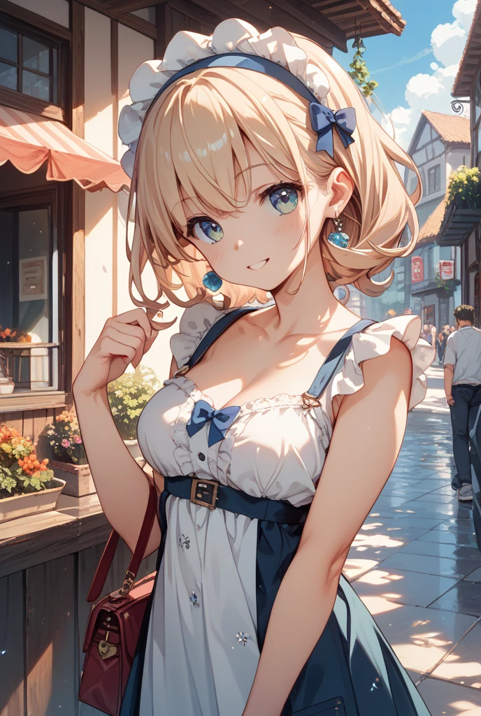 ((super masterpiece))、blonde、blue eyes、girl、Small breasts、Twin tails、girl、Small breasts、Lolita、Bright smile、Looks about 15 years old、Petan Musume、short、Eye highlights、Sexy thighs、Walking Outside、Very cute ribbon、blue sky、(Real Detail:1.5)、(( Fine Eyes, Beautiful Eyes, Perfect Eyes,Curl your eyelashes, Realistic eyes))、Your eyes are so beautiful、Highlights on both eyes