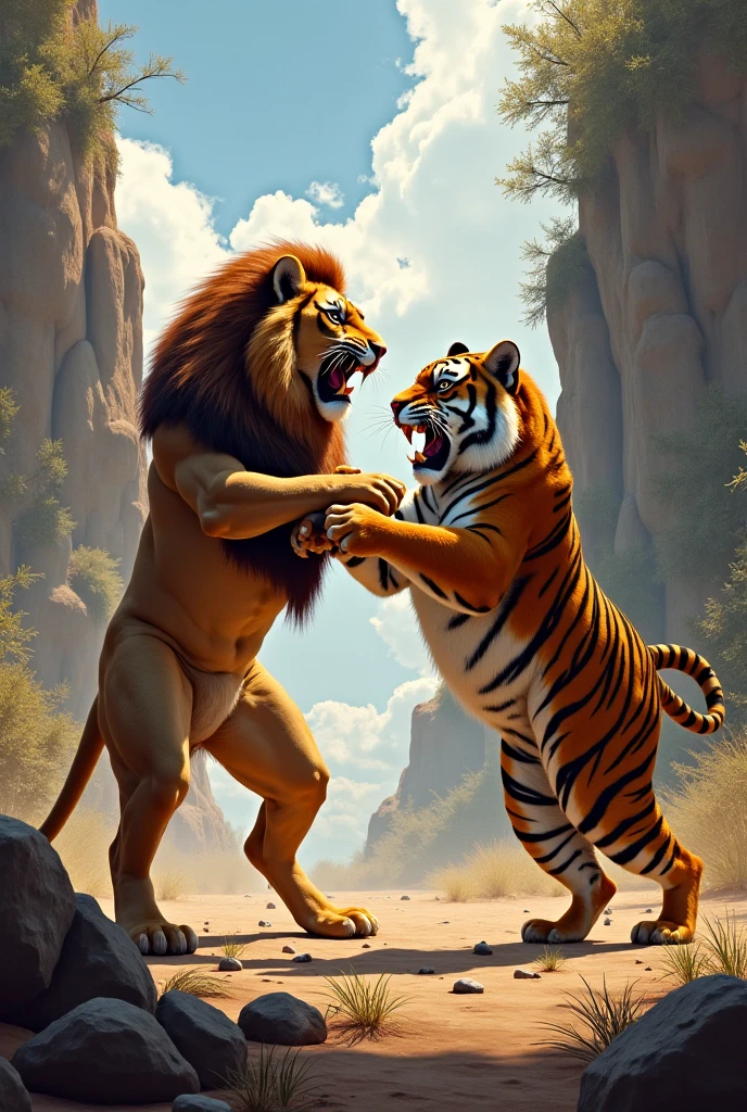 Lion and tiger fight