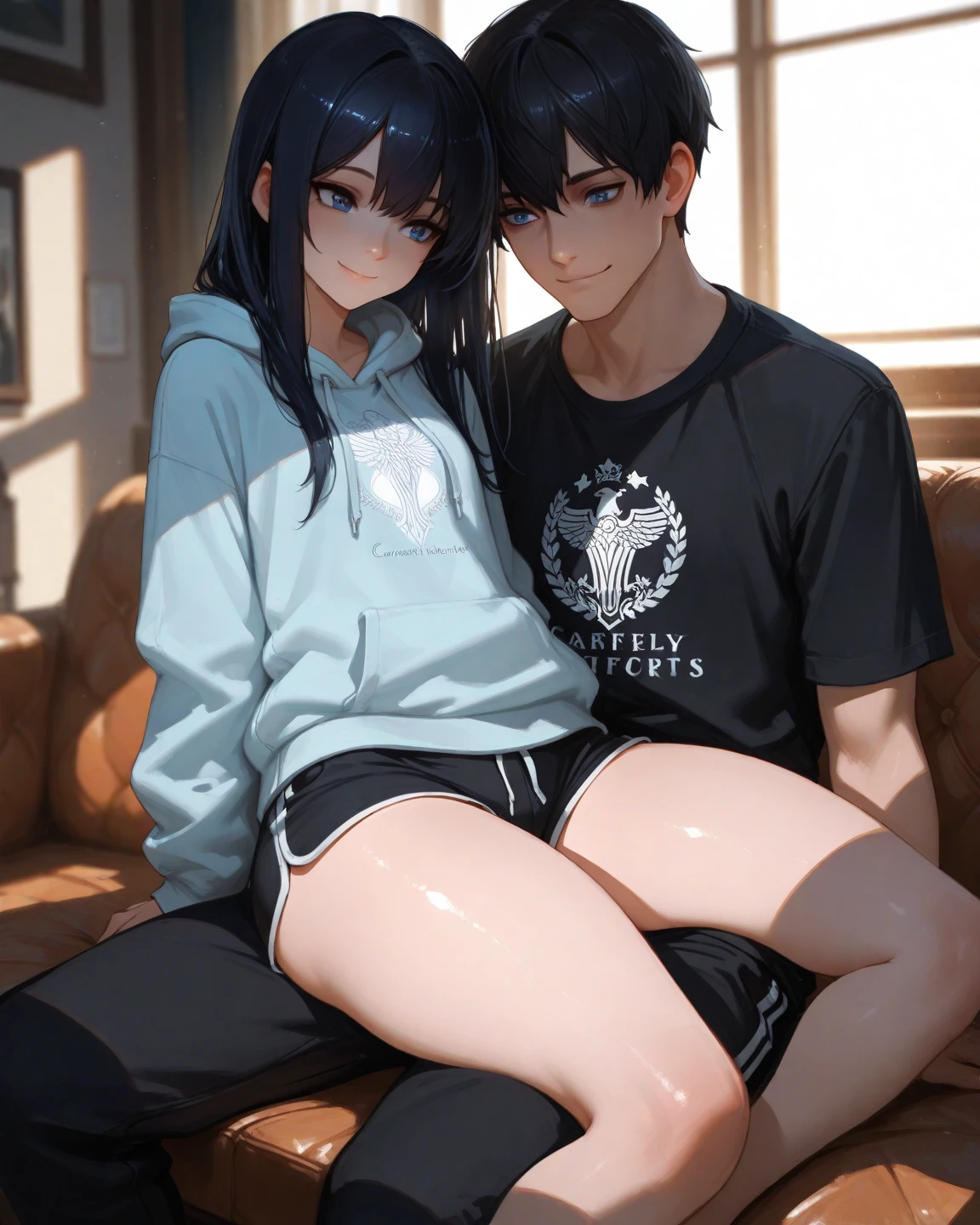 1boy, 1girl,  girl on top, straddling, hetero, yoga pants,  t-shirt, navel, bed, indoors, full body, pov, from below,  <lora:STRADDLING_V1:0.7>