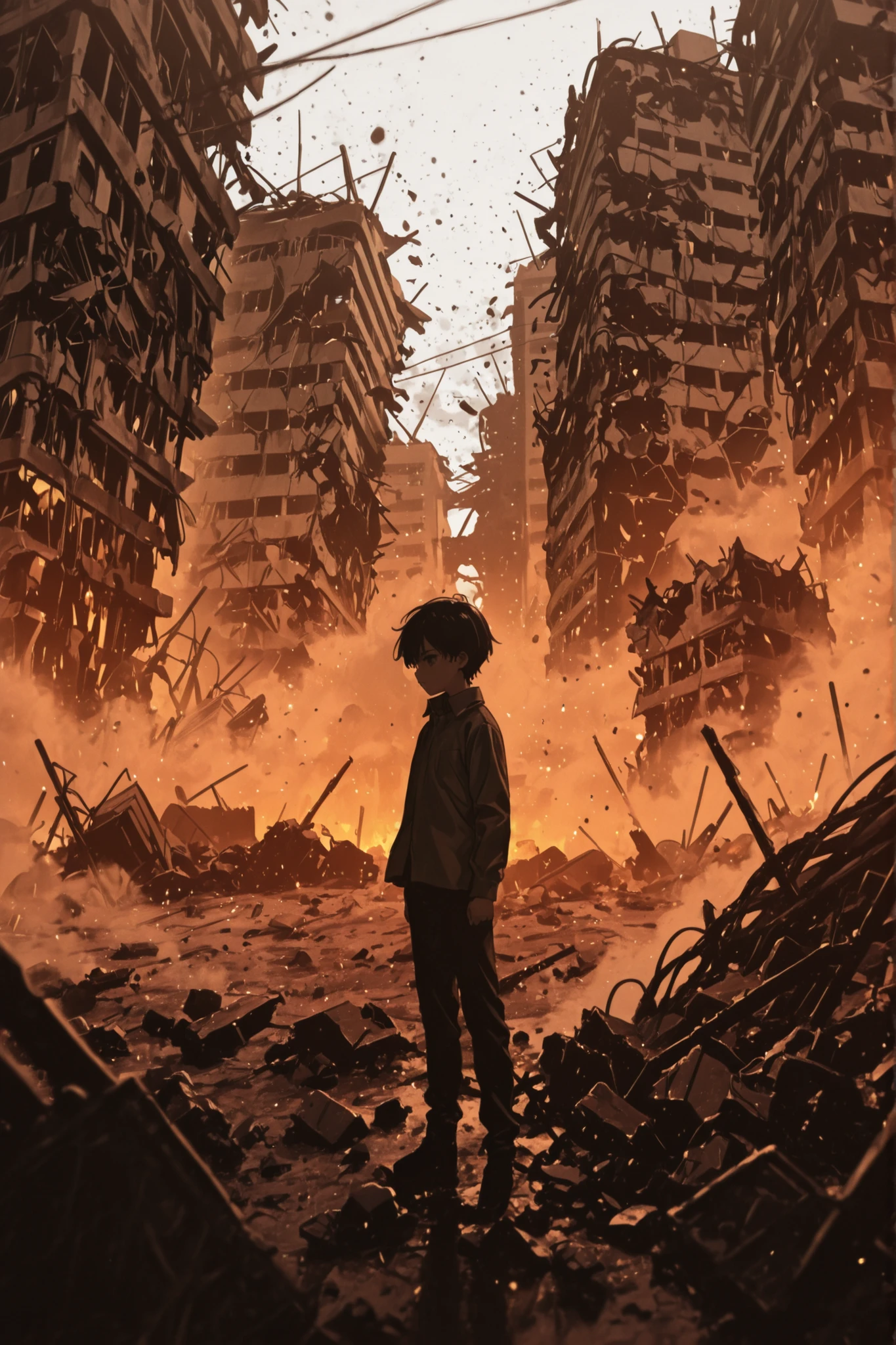 young man standing in a broken world, destroyed buildings, darkness, dust