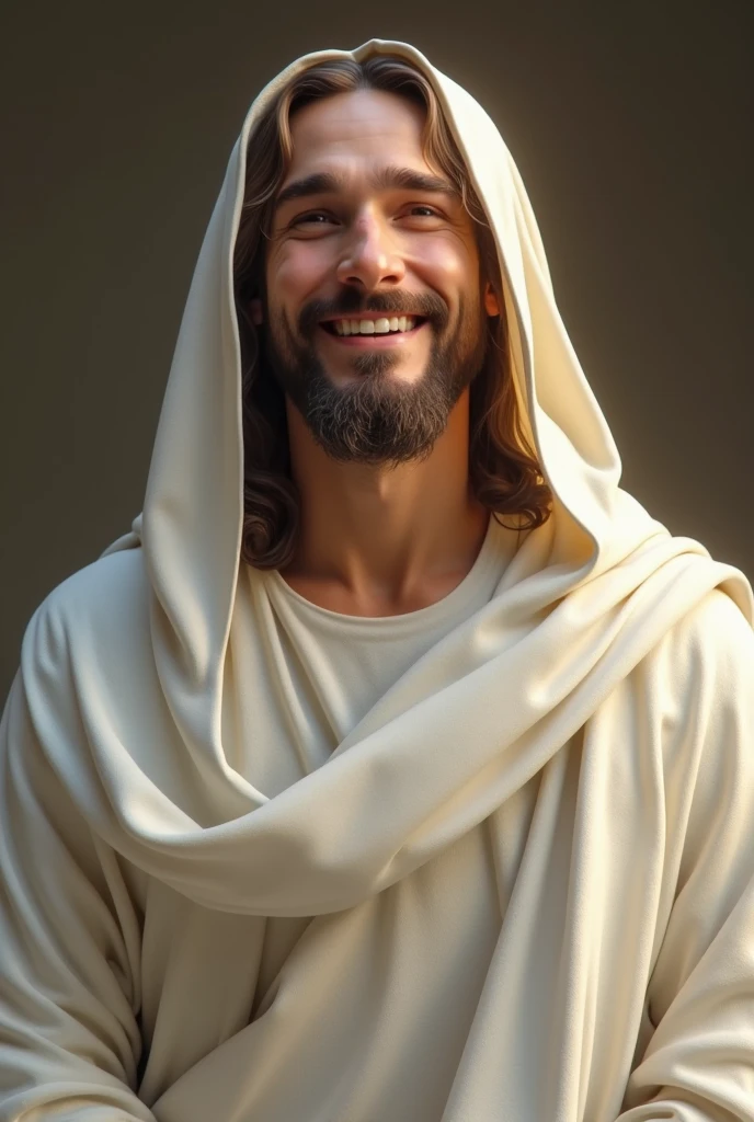 A hot smiling Jesus is covered in a white slimy and sticky substance