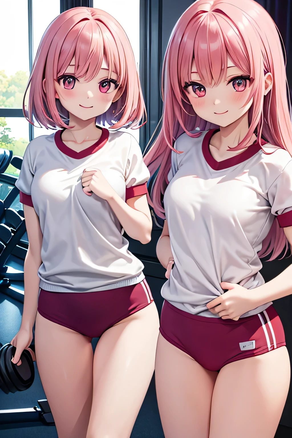Pink Hair, Pink Eyes、girl、Small breasts、Hair Bun、girl、Small breasts、Lolita、Bright smile、Looks about 15 years old、Petan Musume、He is short、Eye highlights、Sexy thighs、room、Sportswear、Gymnastics