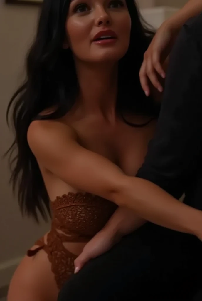 (BEST breasts)、brown hair、dull bangedium long hair、wavy hair))、Necklace with jewels、on the bed、shiny skin,,(slim body:1.1),small butt、abs、constriction、thin waist、brown skin、Completely naked.beautiful body、(dark pubic hair)、pussy、stiletto heels,((big penis)),embarrassed(1 boy and 1girl are having sex),(lying on bed,missionary position,man on top),pov,