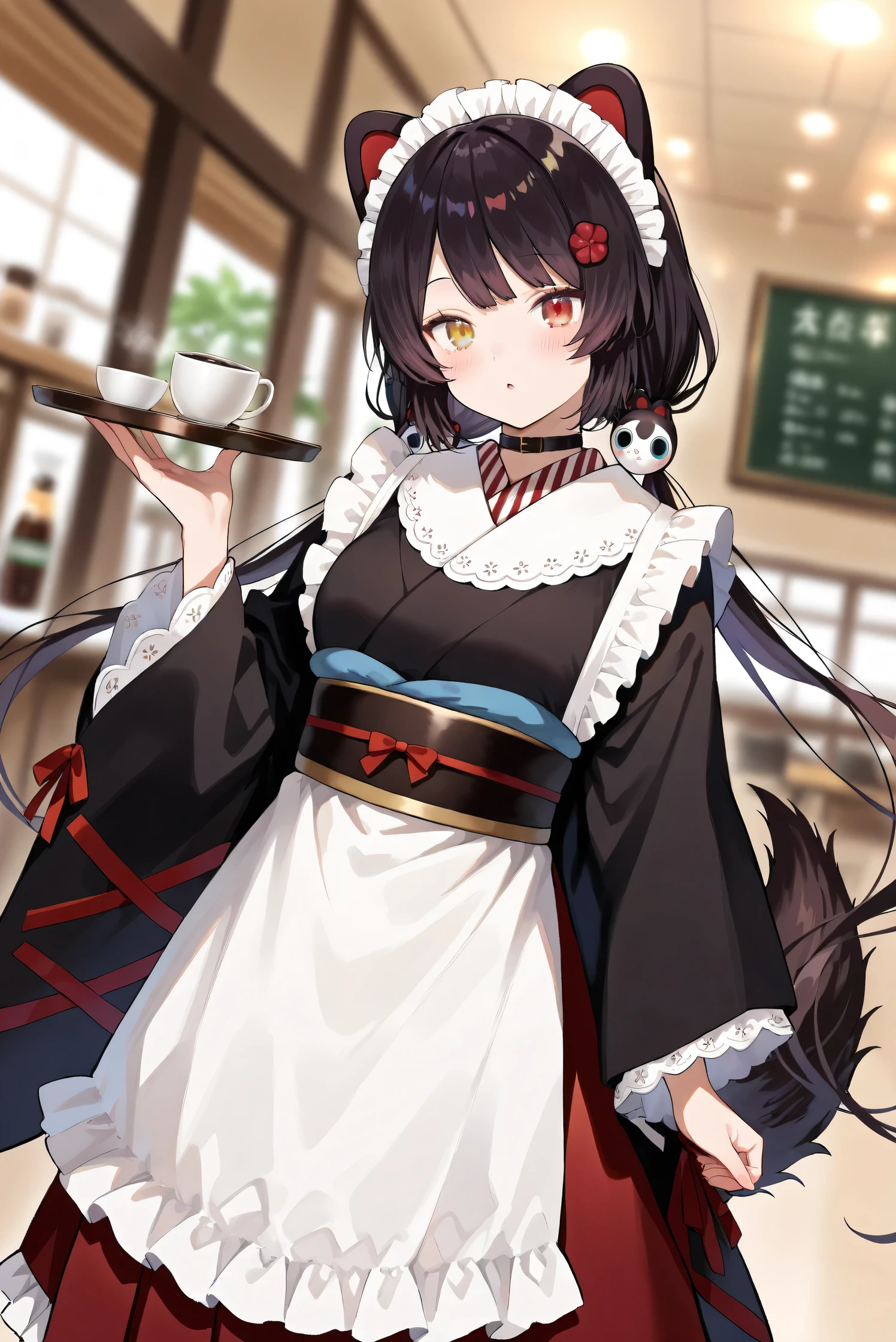 (Masterpiece:1.2), (Highest quality:1.1), (Very detailed),
(The best shape), (Best shadow), (Absurd),
(Detailed Background), (So beautiful), (Shiny),
(Extraordinary), (Countershading), (8k), (32K), (High resolution),
(Very Detailed CG),
(Score_9), (Score_8_up), (Score_7_up), (Source_anime), (Masterpiece, Detailed:1.2),
(Cinematic), (Dramatic), (Depth of field:1.2),
(Blurry background:1.2), (Realistic background:1.4),
(1 girl), (Solo), (Dynamic angle),
(Japan), (Japanese coffee shop), (Indoor),
(Inui Toko), (Nijisanji), (Virtual youtuber),
nijitoko,medium breasts,heterochromia,red eyes,yellow eyes,black hair,dog girl,dog ears,dog tail,long hair,low twintails,hair ornament,
nijitokocos,black kimono,black obi,sash,waist apron,white apron,frilled apron,long apron,long sleeves,wide sleeves,frilled sleeves,hakama skirt,long skirt,red skirt,frilled skirt,choker,maid headdress,
(Blush:1.2),
(parted lips),
(Portrait), (Focus on face), (close up shot),
(Realistic skin), (Shiny skin),