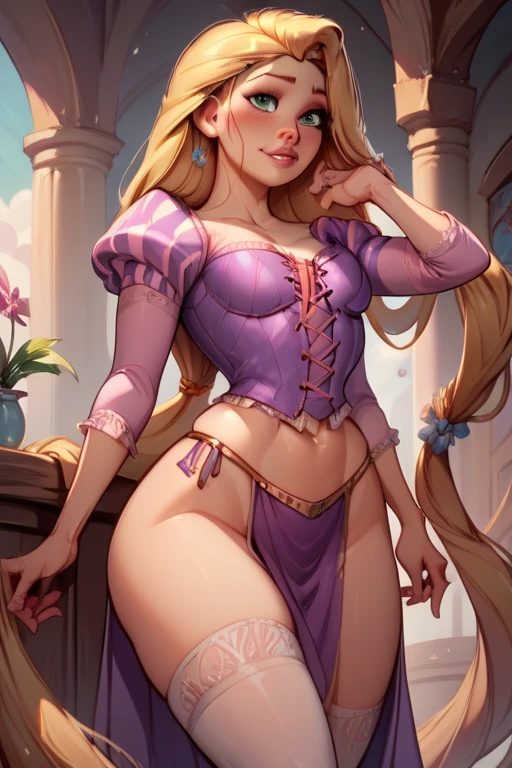 rapunzel, 1girl, long hair, big breasts, looking at viewer, smile, blonde hair, skirt, cleavage, green eyes, purple skirt, (best quality), (ultra detailed), (8k, 4k, intricate),(full-body-shot:1), (highly detailed:1.2),(detailed face:1.2),(detailed background),detailed landscape, (dynamic angle:1.2), (dynamic pose:1.2),(upskirt: 1.2), (white panties: 1.2), (very pretty white panties: 1.5), (visible panties: 1.5), (full body: 1.3), (perfect hands: 2)