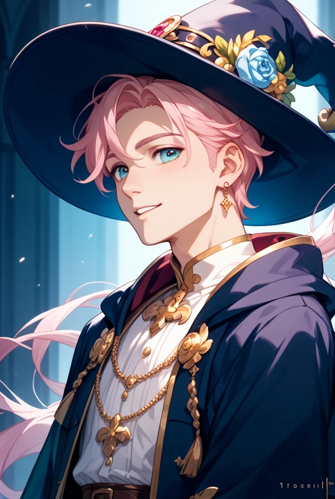 Absurdres, intricate details, masterpiece, adult male, best quality, ultra high res, 8k, 1boy, male, bat pattern witch costume, big pointy hat, complex patterns, witch boy, slender, light smile, big pink eyes, eye reflections, short male pink hair, potions, pink forest, (sharp fangs:1), RAW photo, solo, conjuring smokes