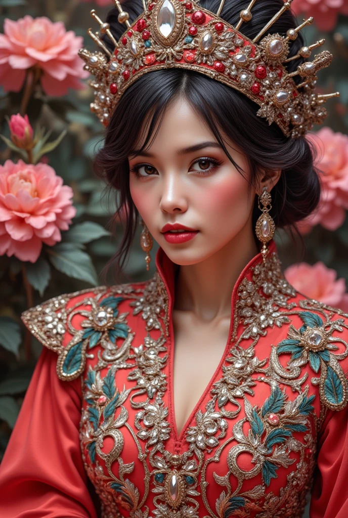 (Best Quality, 4K, 8K, High Definition, Masterpiece:1.2), (Ultra Detailed, Realistic, Photorealistic:1.37), a beautiful young woman with delicate facial features,flower crown,long elegant black hair, blunt bangs, ornate jeweled headpiece,red silk dress,sitting in a lush garden,surrounded by colorful flowers,intricate background details,cinematic lighting,delicate brushstrokes,oil painting,highly detailed,dramatic,romantic,soft color palette,dreamlike atmosphere