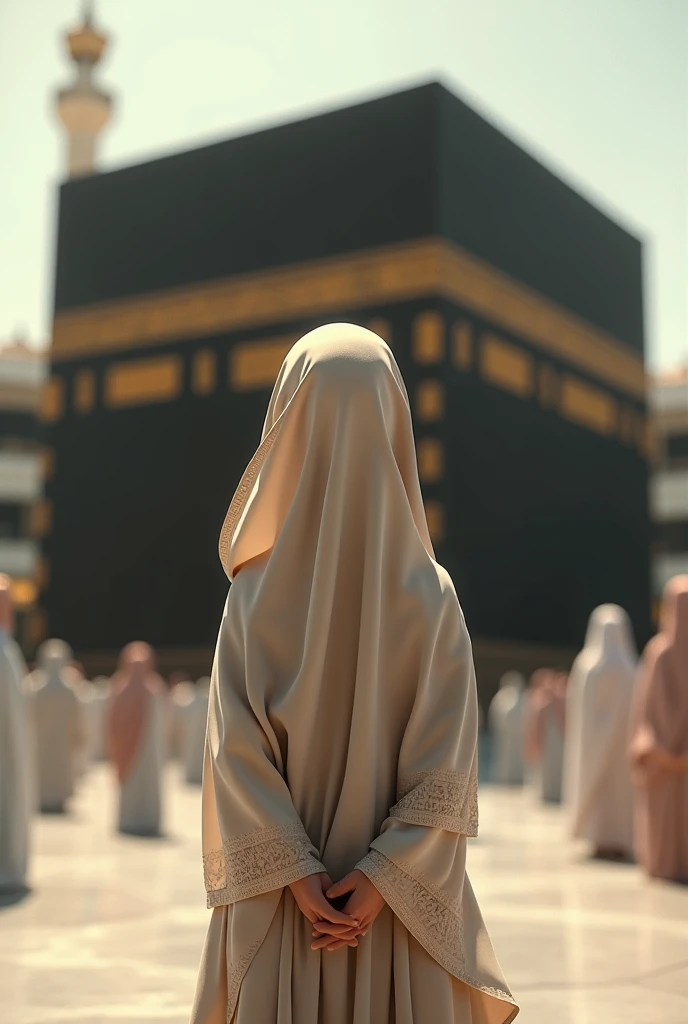 A hijabi girl with a white abaya and long hijab staring at the kabaa facing backwards with the sun shining on her 