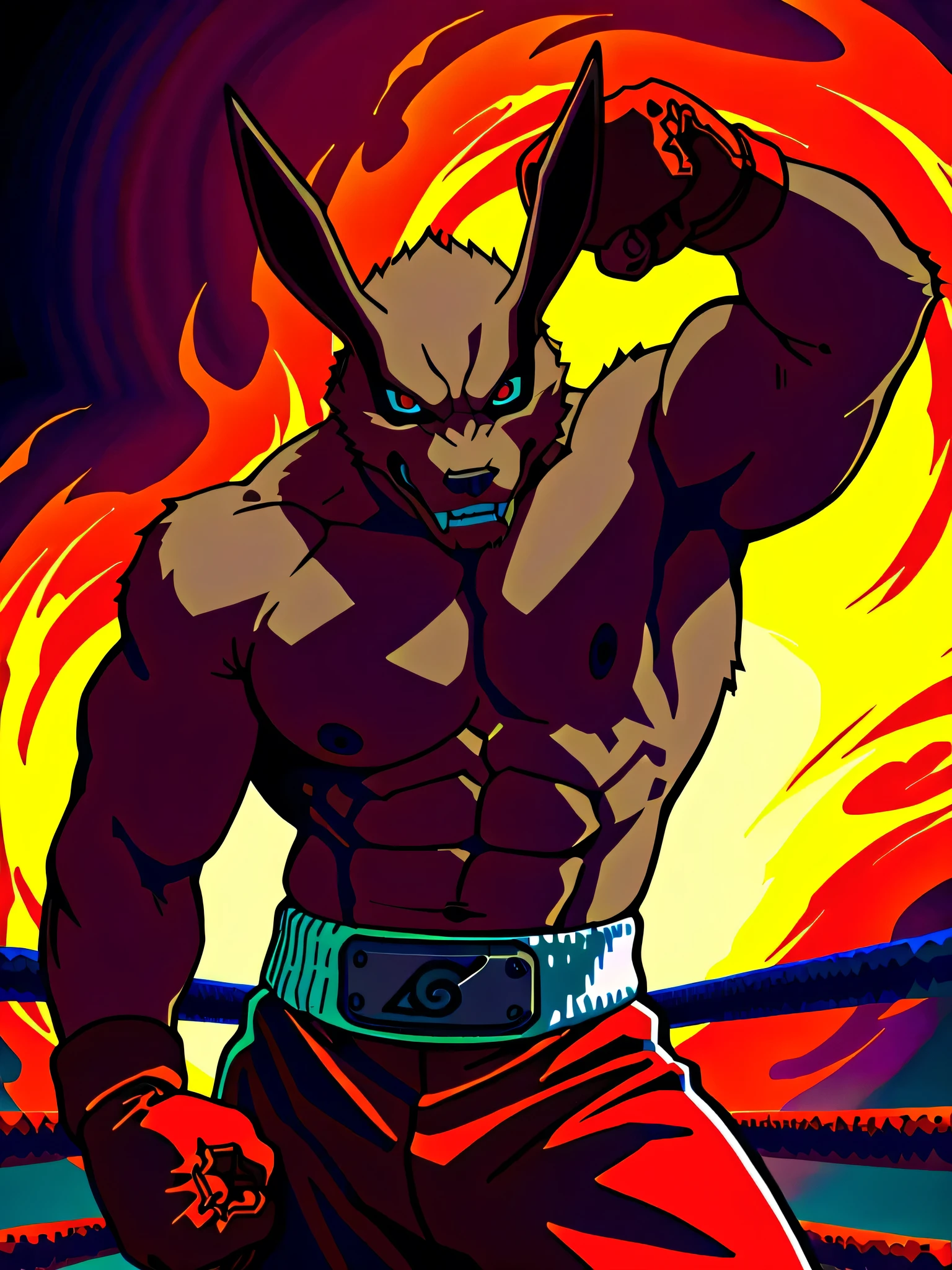 Animation Style, An anime-style illustration of Kurama from the Naruto series. Kurama has dark brown fur and is wearing boxing gloves and boxing shorts. He's in a boxing ring, ready to fight, with his cute, calm, gala, seductive face. Action anime art style. The background of the ring,