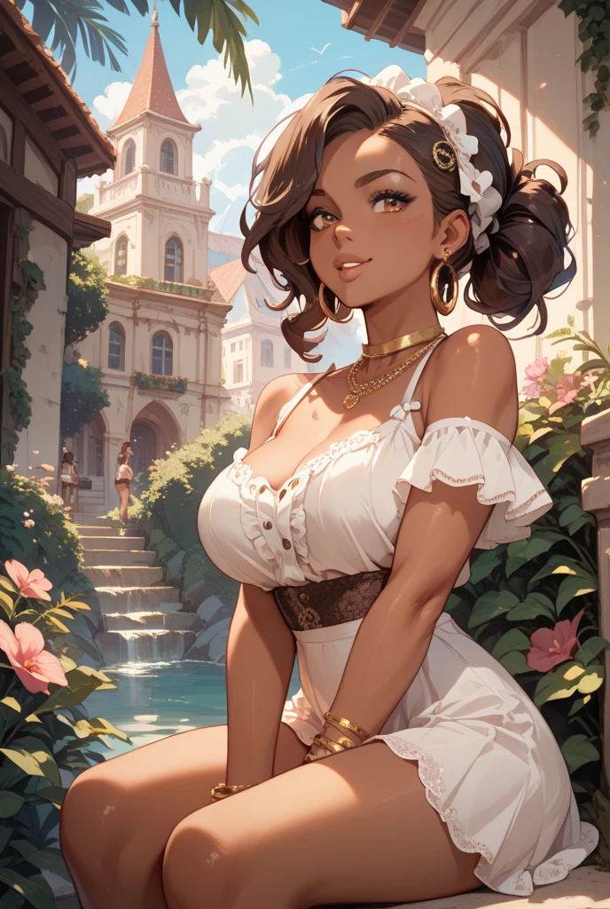 （absurdres）,（4k）, （best quality）, （ultra detailed）, （highres）, （illustration:1.4）, （detailed face:1.1）, （highlights in eyes:1.3）（detailed hair:1.3）, （detailed skin:1.3）,photorealistic:1.2,BREAK ,princess,17yo,kawaii:1.3,（1girl,she is princess,african dark skin:1.1）,（Tiara with five ruby diamond,on head）,（dark short hair:1.4,beautiful detailed hair,swept bangs:1.5 ）,,（red eyes）,sagging breasts:1.2,reality skin,joyful smile,BREAK （blush）,summer,sunlight,sunshine,lensflar,wind:1.2,（Royal Palace in the Desert,walking bridge at river c）,,BREAK （dynmic angle）,（from below）,luxury dress:1.3,dutch angle,full body:0.7,(((lift up skirt:1.5))),(((white lace panties))),multi view