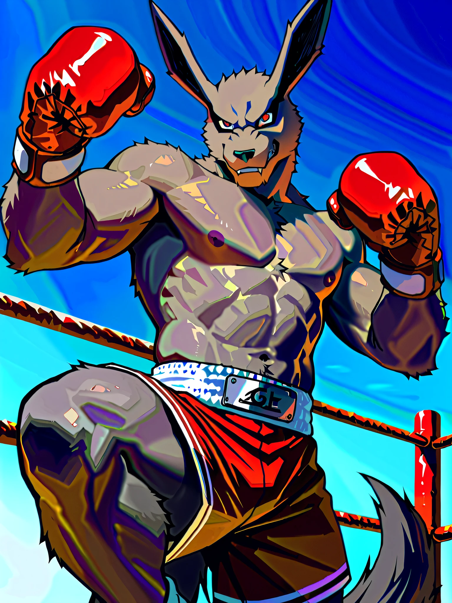 Animation Style, An anime-style illustration of Kurama from the Naruto series. Kurama has dark brown fur and is wearing boxing gloves and boxing shorts. He's in a boxing ring, ready to fight, with his cute, calm, gala, seductive face. Action anime art style. The background of the ring,