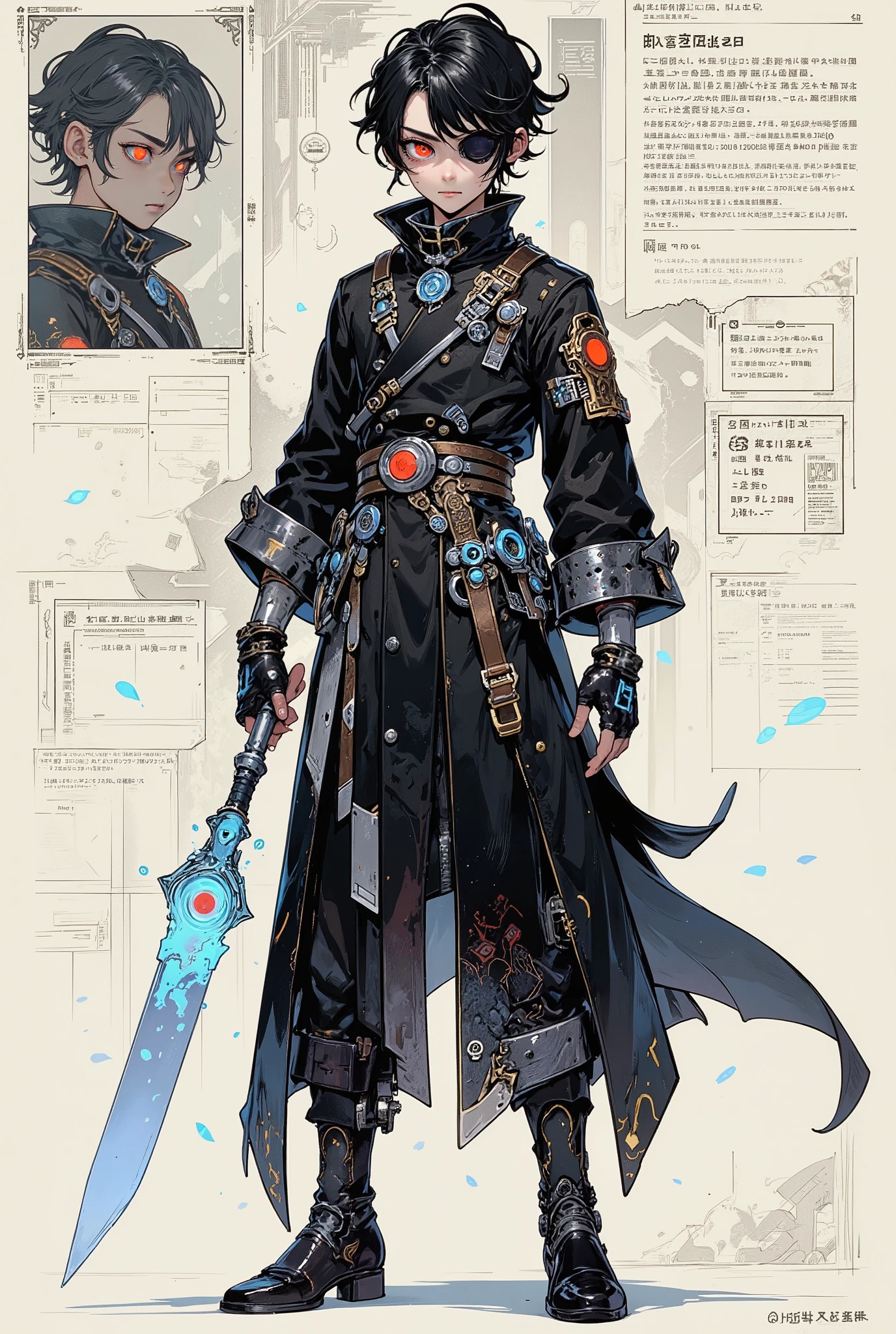 a detailed character concept illustration of a age boy with delusional dark-fantasy aesthetics, shown in a full-body standing pose for game design reference, wearing an exaggerated black trench coat with silver trims, leather belts, glowing red eye patch, and fingerless gloves, wielding an invisible or magical weapon in one hand, his expression is serious and overdramatic, background is plain parchment or light gray with notes and annotations, presented like a video game character sheet, stylized lighting, ultra detailed, concept art style, masterpiece, best quality