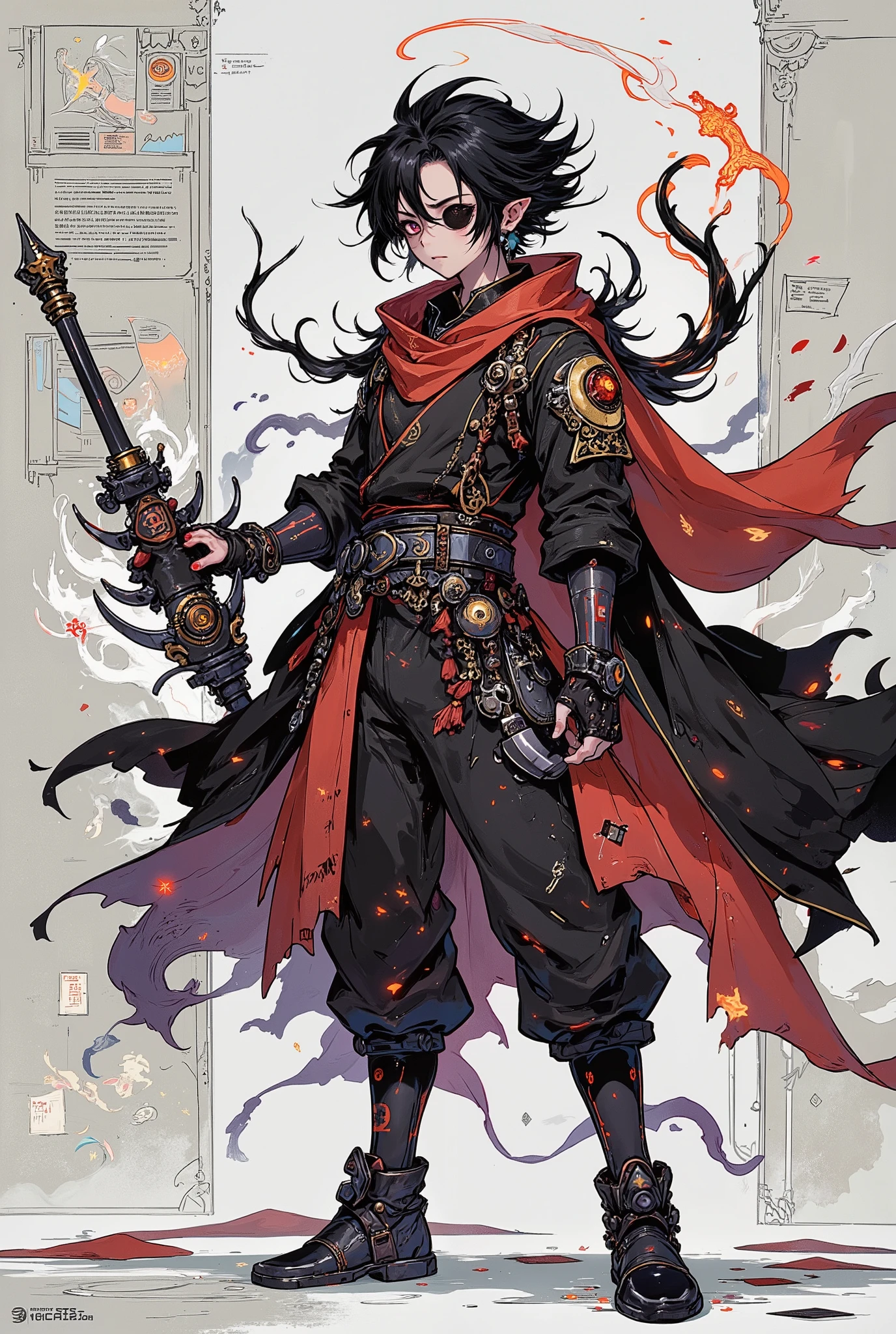 a detailed character concept illustration of a age boy with delusional dark-fantasy aesthetics, shown in a full-body standing pose for game design reference, wearing an exaggerated black trench coat with silver trims, leather belts, glowing red eye patch, and fingerless gloves, wielding an invisible or magical weapon in one hand, his expression is serious and overdramatic, background is plain parchment or light gray with notes and annotations, presented like a video game character sheet, stylized lighting, ultra detailed, concept art style, masterpiece, best quality
