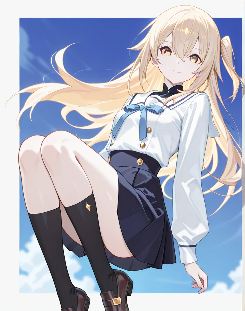 18 year old beautiful girl, ((((Masterpiece)))), ((highest quality)))), ((very detailed))), detailed fingers, precise fingers, not unnatural hands, illustration, 1 girl, solo, blonde right side pony, blonde long hair, white ribbon on right hair, white school uniform, red eyes, white mini skirt, white knee socks, black shoes, dynamic pose, MAYURI