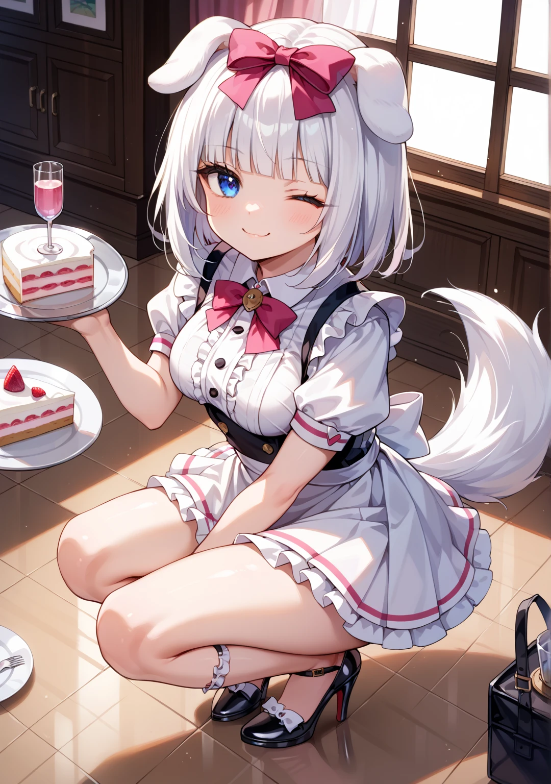 (fluffy anthro furry :1.6),(young :1.6),white rabbit girl,small breasts,red eyes,white long hair,wavy hair,messy hair,white drooping rabbit ears,white rabbit tail,white body fur,glasses,red ribbon bowtie,red ribbon hairpins,red bracelet,naked apron,making carrot cake,a lot of carrots,professional kitchen,a lots of silver bakery tools,happy face,music note eyes,heart expression eyes,looking at viewer,smile,full face blush,high angle