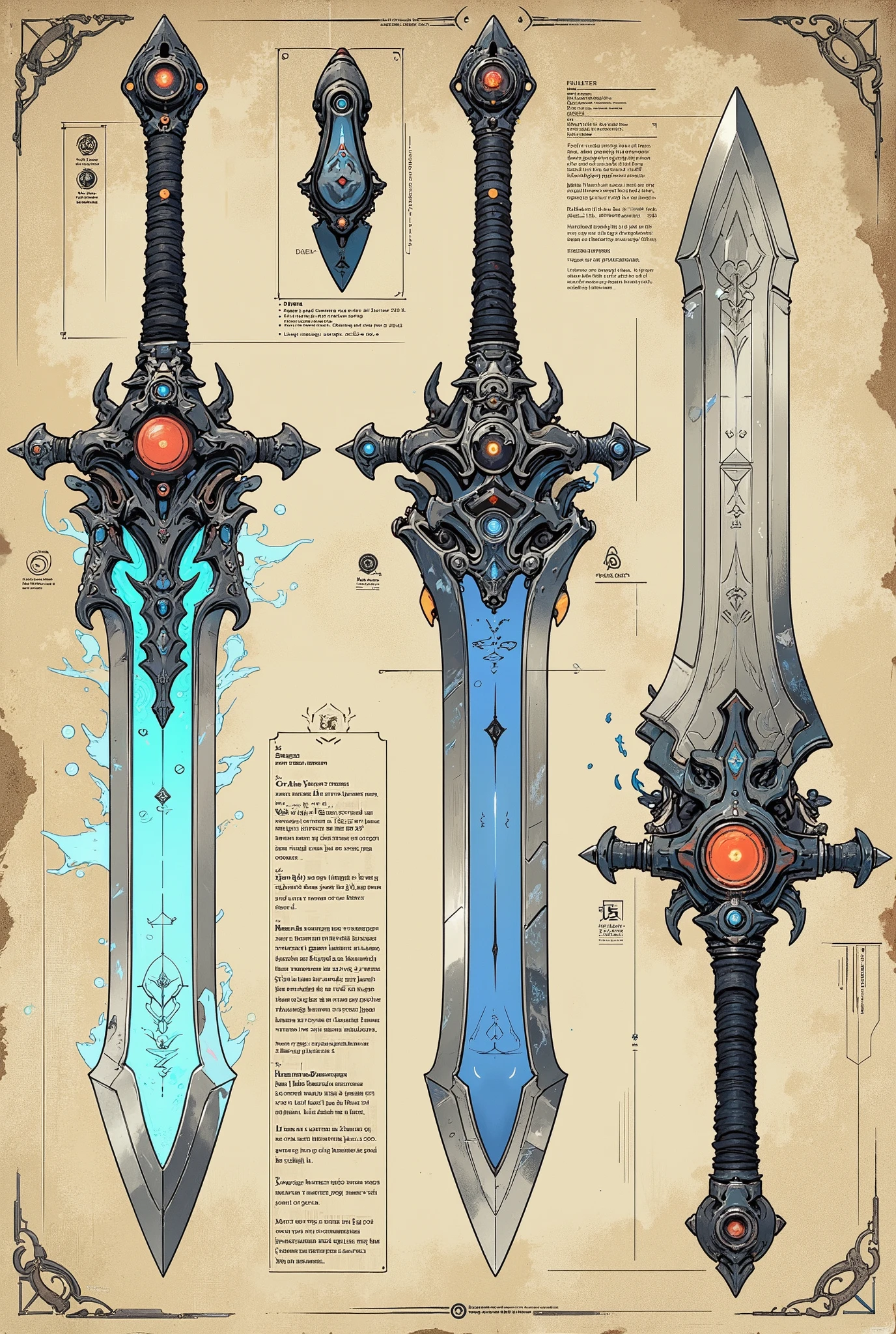 a detailed character concept illustration of a age boy with delusional dark-fantasy aesthetics, shown in a full-body standing pose for game design reference, wearing an exaggerated black trench coat with silver trims, leather belts, glowing red eye patch, and fingerless gloves, wielding an invisible or magical weapon in one hand, his expression is serious and overdramatic, background is plain parchment or light gray with notes and annotations, presented like a video game character sheet, stylized lighting, ultra detailed, concept art style, masterpiece, best quality