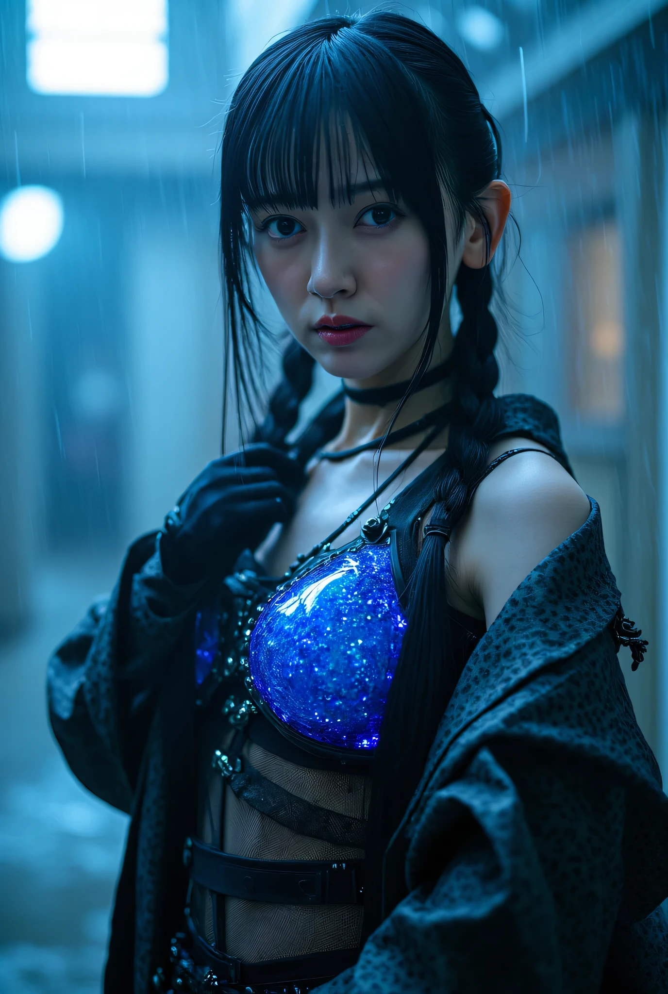 (((In the Midnight Rain:2.0))),(((HR Gigger-like cyberpunk Atmosphere:2.0))),(((Hold the laser gun:2.0))),( point the muzzle at the viewer:1.7),(((Full Body:2.0))),one woman,Female samurai,(cute face:1.5),(Beautiful well-balanced face :2.0),((Long braids with bangs:2.0)),(dark haired:1.5),(Beautiful Eyes:1.3),(blue eyes:1.3),glamorous shot of a 20-year-old Japanese woman,beautiful slender body,((Model Body:2.0)),((slim body:1.7)),perfect body line,ideal proportions,((Small Breasts:2.0)),((B-cup breasts:1.5)),Beautiful Breasts,Bare thighs,Sensual Thighs,delicate body,(Glutinous meat:1.7),Harmonious posture,((Realistic breast depiction :1.7)),((can see lower breasts:2.0)),carefully depicts limbs based on perfect anatomy,carefully depict fingers based on perfect anatomy,(((near-future samurai style armor with blue shining translucent glass corset:2.0))),Filled with multicolored LEDs,(((super high leg panties made of clear glass that fit the body:2.0))),(((translucent nipples shining with blue LEDs:2.0))),(((Coarse mesh fishnet stockings:2.0))),(Hide your nipples with a nipple:1.5),((Coat style kimono with iron decoration:2.0)),(Full Body:1.5),((Tactical Holster:1.5)),(Gloves:1.3),concept art,(top quality:1.5),(masterpiece:1.5),(超高Resolution),Resolution,UHD,(delicate depiction),carefully drawn,32k,((realistic skin texture:1.5)),(((super realistic:1.5))),carefully drawn eyelashes,very detailed face,highly detailed female hands, Sexy appearance ,very sensual,(Blurry, dim background:1.5),PROFESSIONAL PHOTOGRAPHY,(Cinematic Lights:2.0),((Blade Runner Style Lighting:2.0))