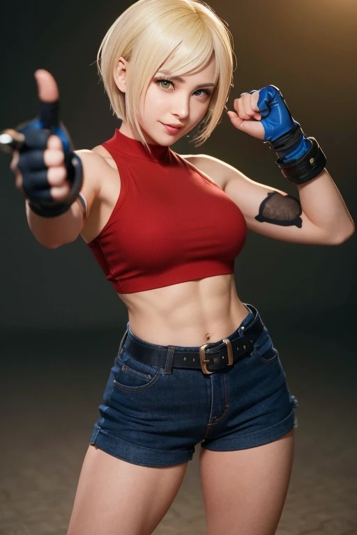 Full nude body, 1girl. BLUE MARY, Large nude breasts, Midriff, facing side, Looking at Viewer, (the presence of large cleavage in the chest,), provocative laughter、A detailed eye、A detailed face、motion-blur、((tremble for、kick、Highkick、while leaning your body、