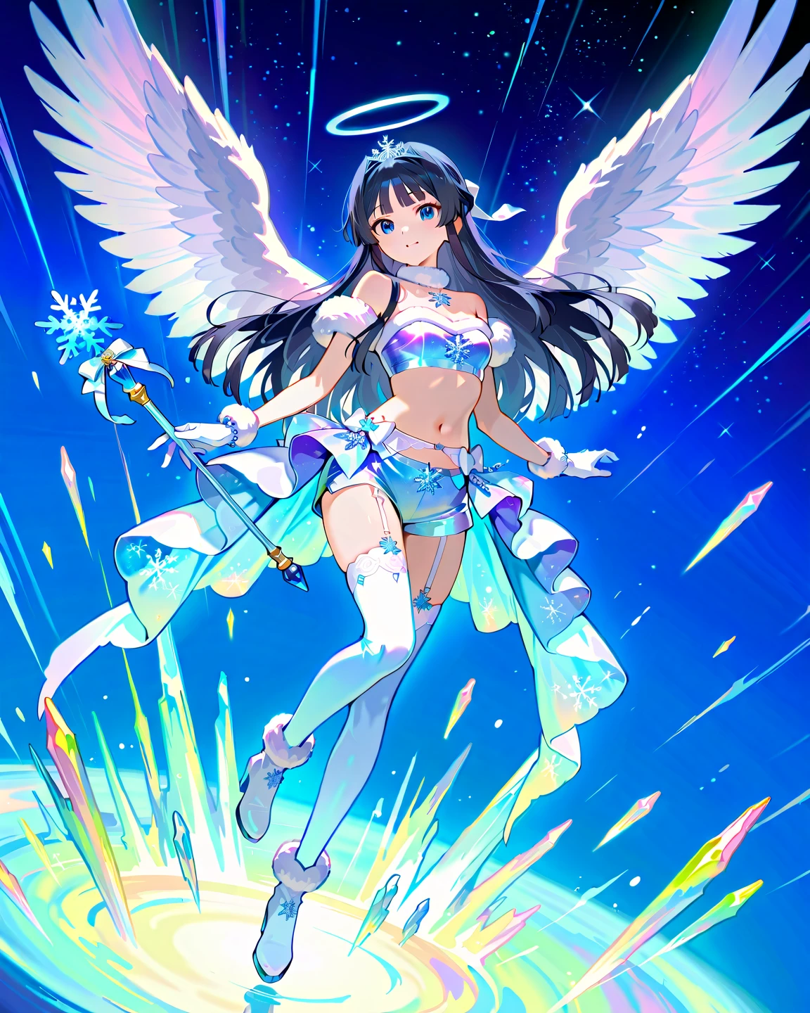 Highest quality,Highest Resolution,Smiling beautiful girl in maid leotard,White angel wings on your back,Halo,High leg,Frills,Knee-high stockings,front,whole body,up,universe,Milky Way,meteor,Very beautiful eyes,